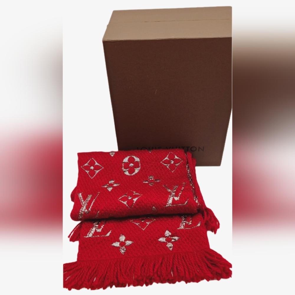 Louis Vuitton Red Metallic Logomania Scarf with Box /COA - Picture 3 of 14